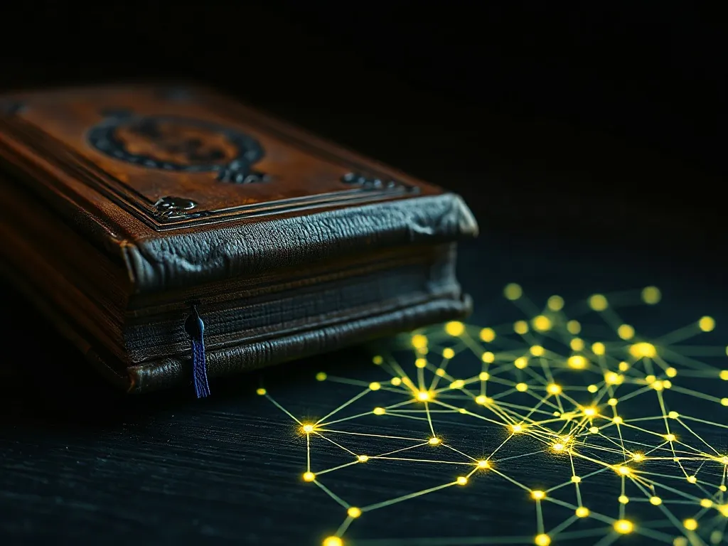 A close-up of an old leather-bound law book next to a glowin