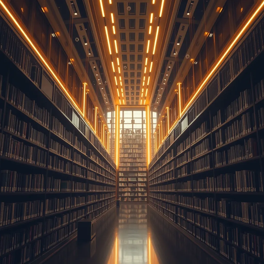 High-tech library interior with golden light beams and float