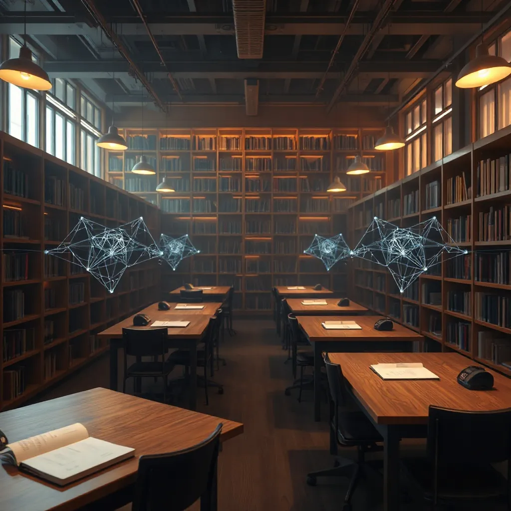 A high-tech library setting with subtle amber lighting, feat